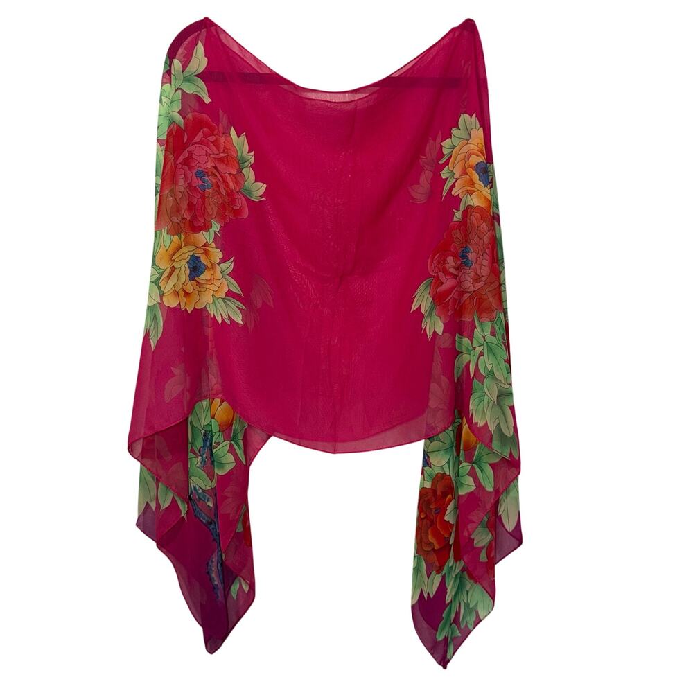 Vtg Y2K Sheer Silk Chiffon Floral Shrug Scarf Wrap Cover Up Kimono Shawl Pink